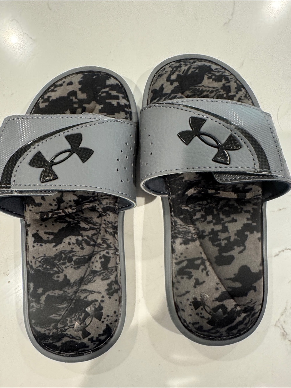 Under Armour Gray and Black Camo Kids Slide Sandals